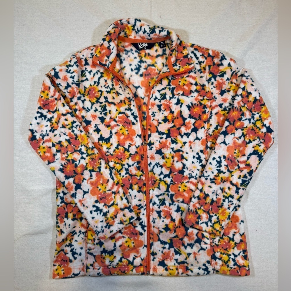 Lands' End Floral Women's Full Zip Fleece Pullover size M - Picture 1 of 8